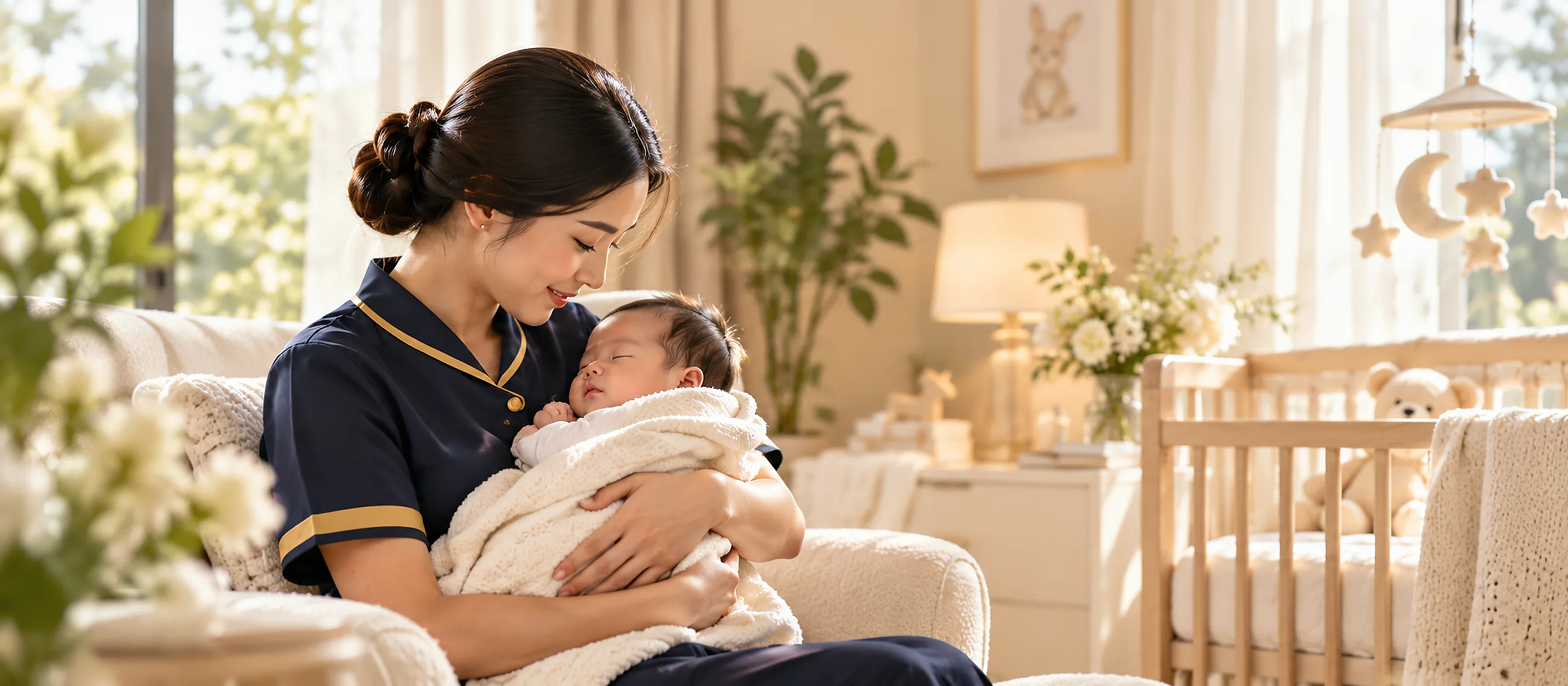 Babysitter profesional mendampingi bayi dengan hangat di ruang nursery