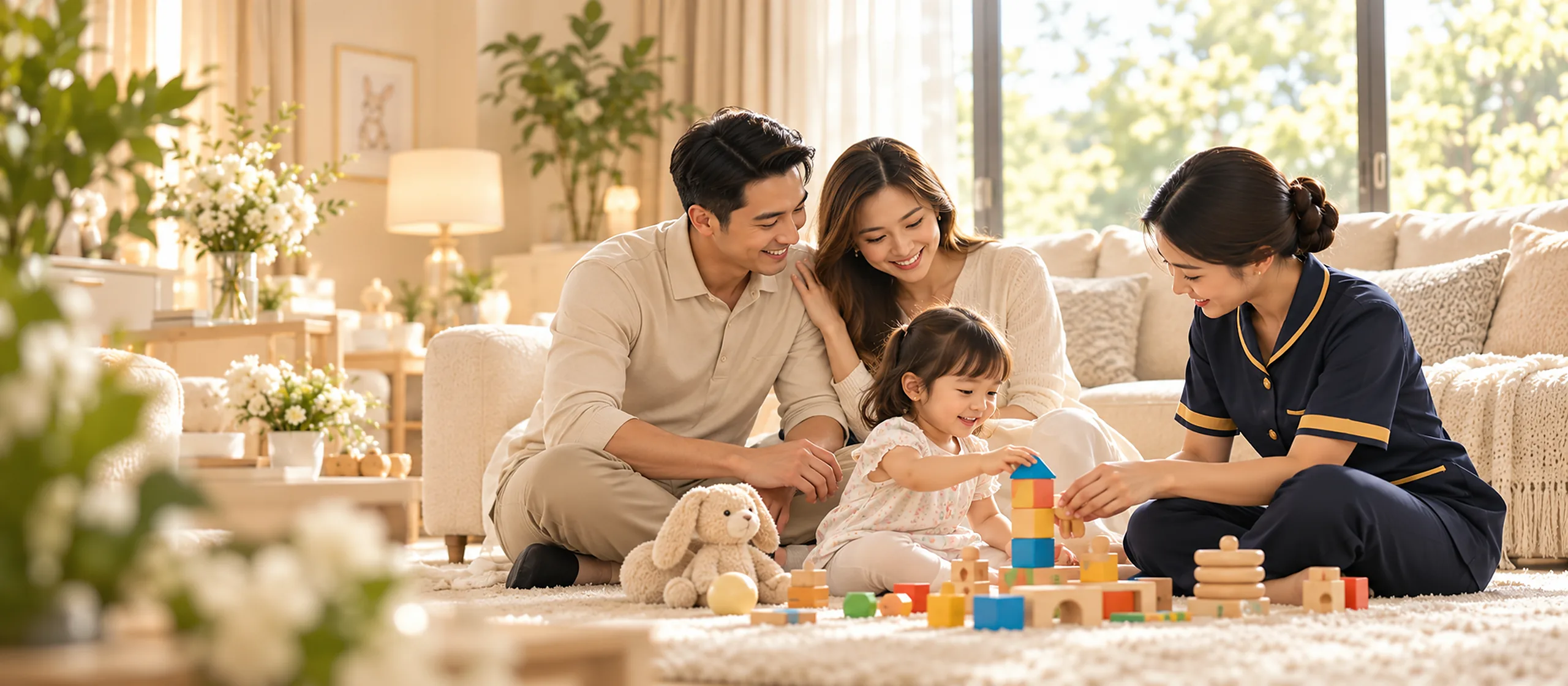 Keluarga menikmati waktu bermain bersama anak dan nanny