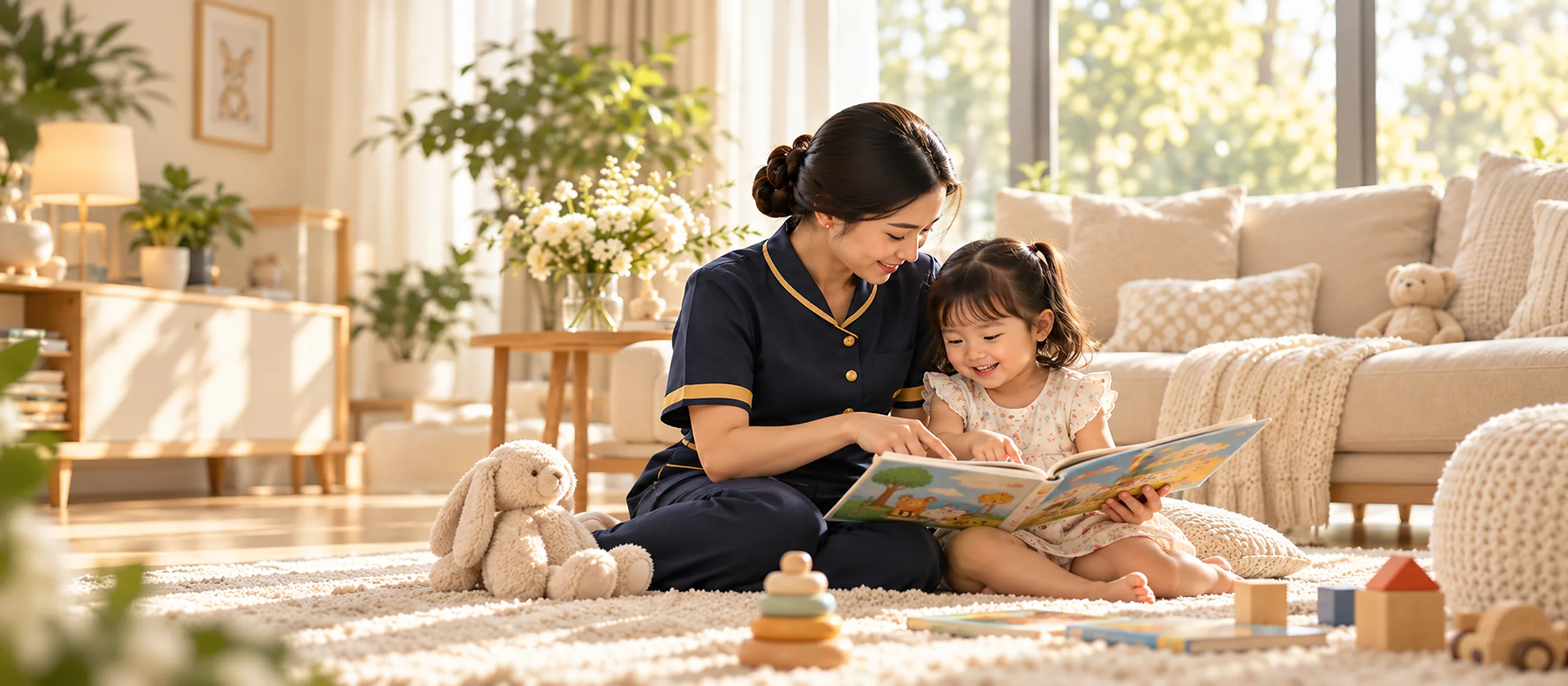 Nanny membaca buku bersama anak di ruang keluarga yang nyaman